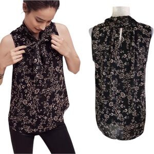 Anthropologie Meadow Rue Violette Black Floral Tie Neck Sleeveless Blouse - M